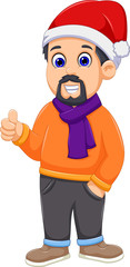 cute man cartoon wearing winter clothes thumb up