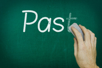 Hand erasing the word PAST written on blackboard