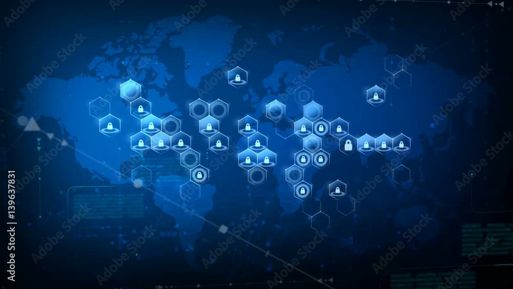 Aufkleber world map with honeycomb grid and lock security and futuristic concept