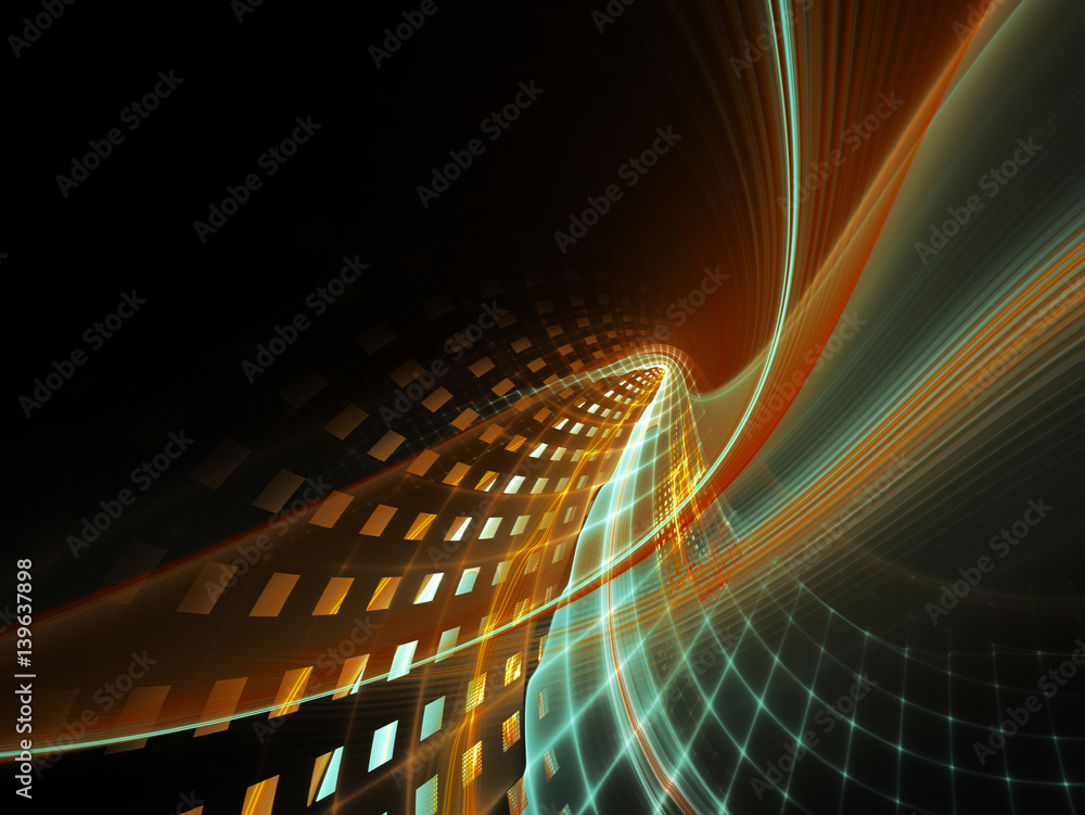 Poster abstract background element. three-dimensional composition of wave shapes, grids and particles. scie