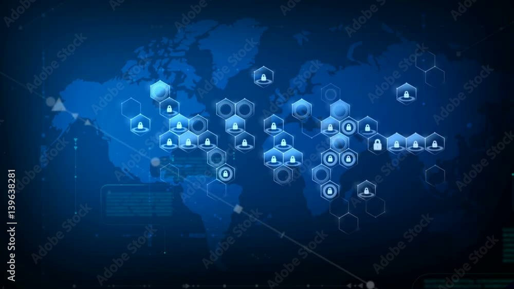 Poster world map with honeycomb grid and lock security and futuristic concept