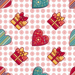 Christmas background. Hearts and gift box. Seamless pattern. Colorful vector 