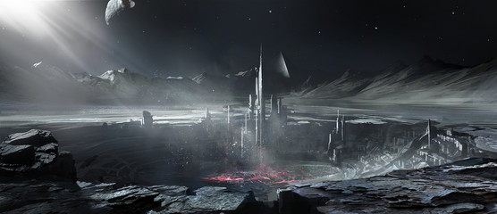 Alien planet building, digital painting. © liuzishan