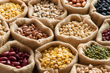 Colorful Legumes, bean seed in linen sack