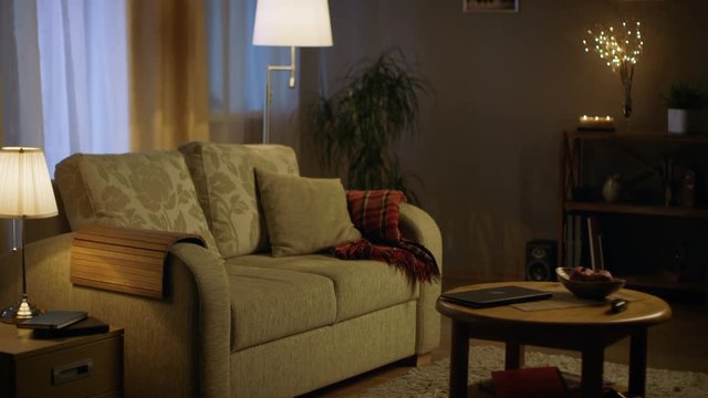 Long Shot of a Living Room in the Evening. Lights are on, Colors are Soft and Cozy. Shot on RED EPIC-W 8K Helium Cinema Camera.