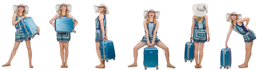 Collage of woman preparing for summer vacation isolated on white