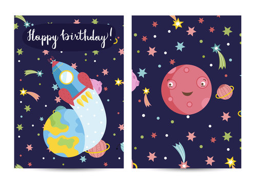 Happy birthday cartoon greeting card on cosmic theme. Rocket flying from Earth to space, smiling Mars planet surrounded stars and comets vector illustration. Invitation on childrens costumed party