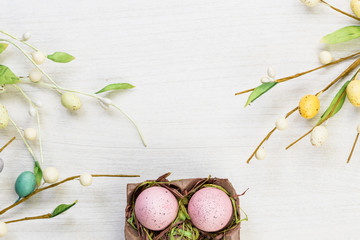 Obraz na płótnie Canvas Easter spring eggs on white background texture