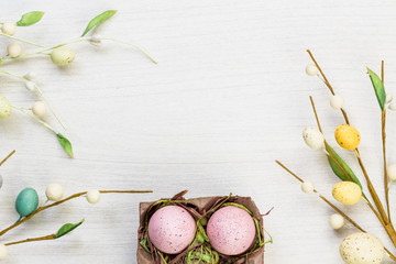 Obraz na płótnie Canvas Easter spring eggs on white background texture