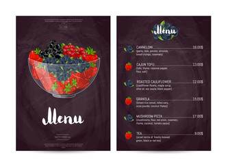 Vegetarian restaurant food menu design vector illustration. Vegan cafe menu, price catalog of vegetarian nutrition, natural sweet food, organic shop, healthy diet retail. Menu card template with berry
