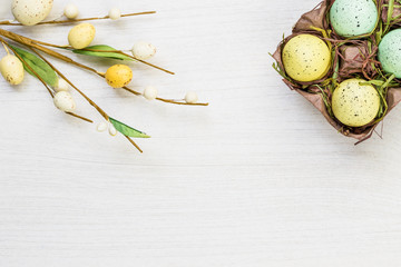 Fototapeta na wymiar Easter spring eggs on white background texture