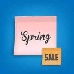 Spring Sale on pink sticky. Vector illustration