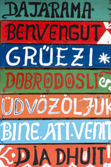 Hello wooden signs in various languages