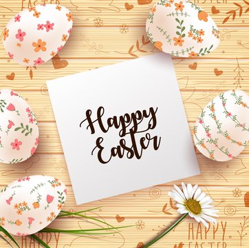 Easter Card with realistic eggs and daisy flower on wood texture background