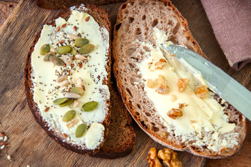 Freshly baked homemade artisan sourdough rye and white flour bread.