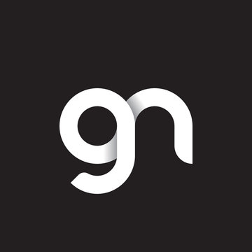 Initial lowercase letter gn, linked circle rounded logo with shadow gradient, white color on black background