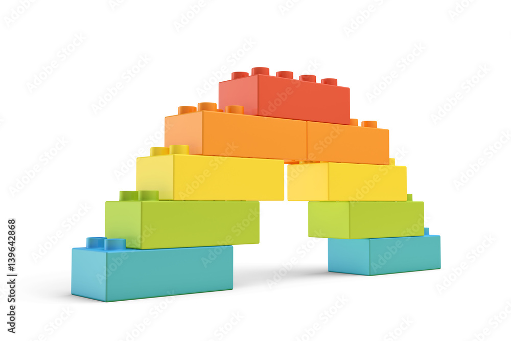 Poster 3d rendering of multi-colored toy blocks making up a rainbow bridge.