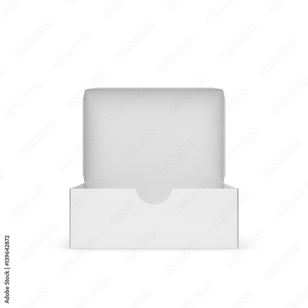Poster 3d rendering of a white rectangular box with an opened attached lid on white background.