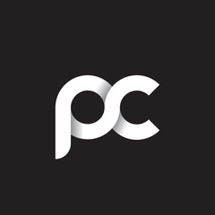 Initial lowercase letter pc, linked circle rounded logo with shadow gradient, white color on black background