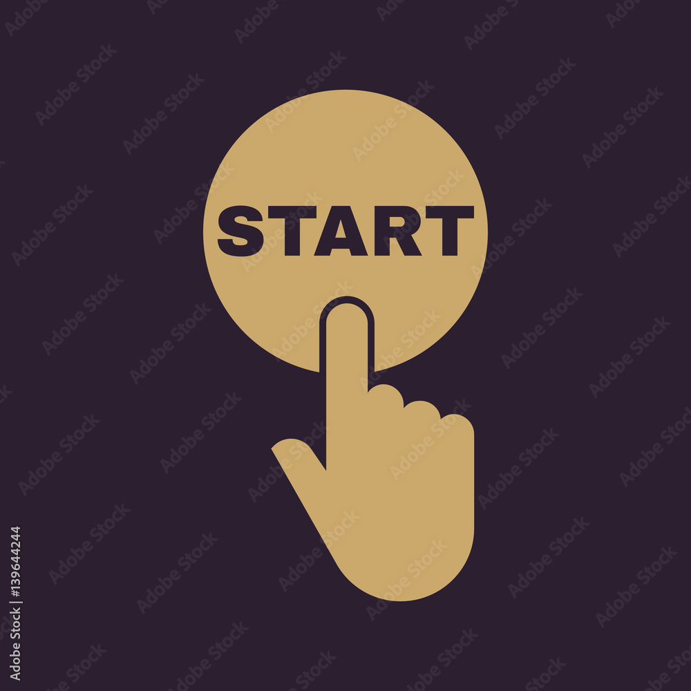 Poster hand pressing a button with the text start icon. startup, launch, run symbol. flat design. stock - v