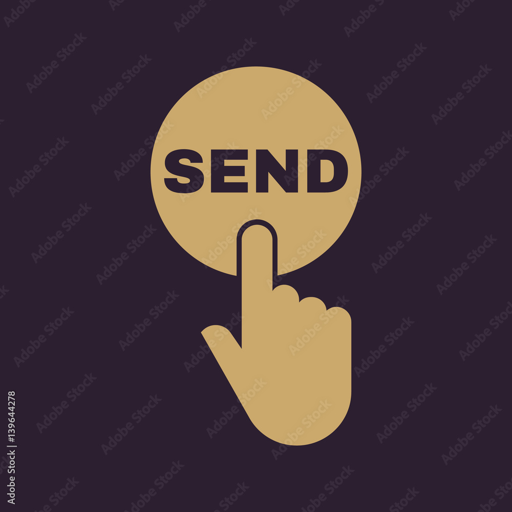 Poster hand pressing a button with the text send icon. send, submit, ship, dispatch symbol. flat design. st