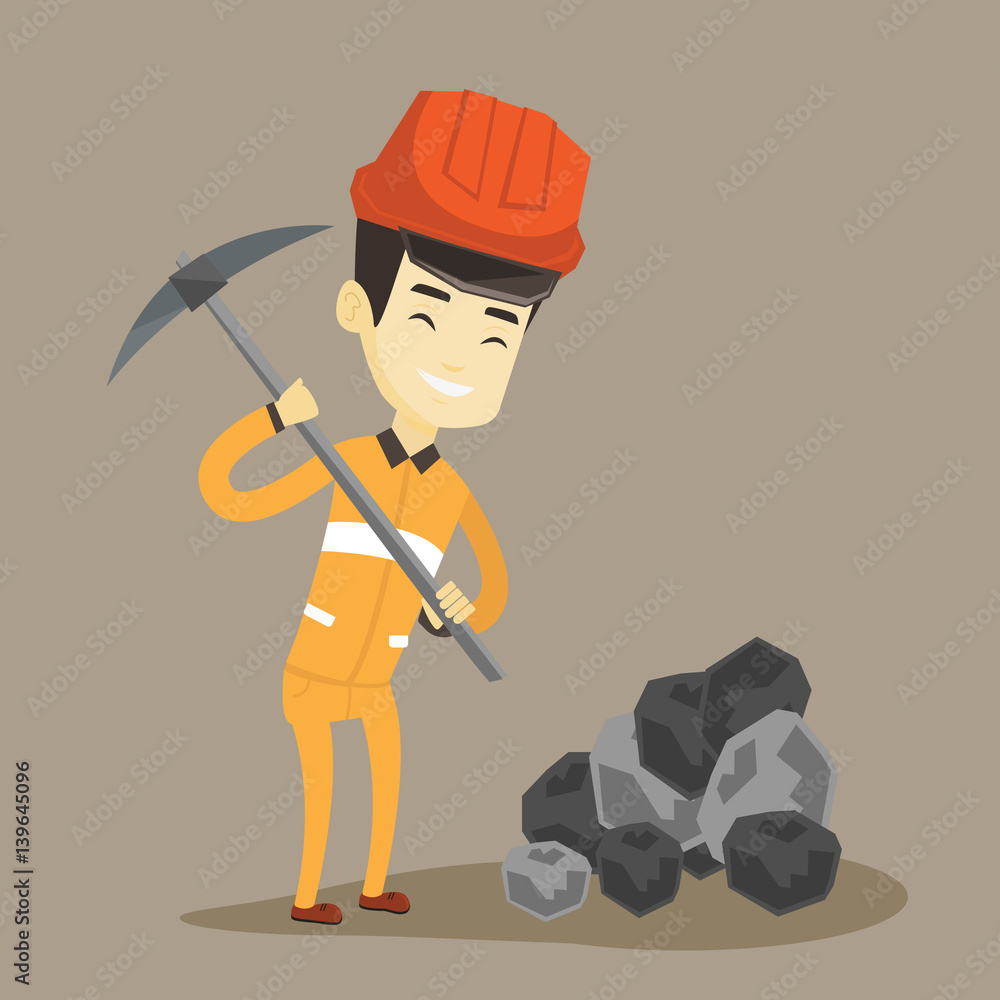 Poster miner working with pickaxe vector illustration.