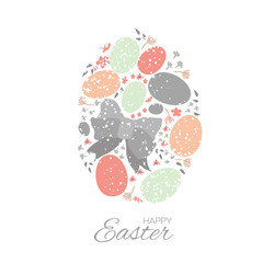 Happy Easter eggs. Pastel Bow and flowers. Space for text.