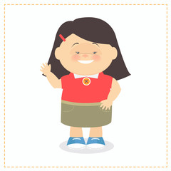 The girl waved her hand in greeting. Asian girl. Vector cartoons