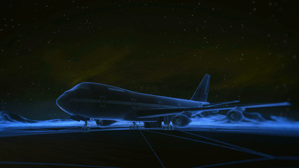 airliner on the runway in the mountains. Night sky. Transition wireframe hologram to photorealistic render.