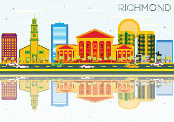 Richmond Skyline with Color Buildings, Blue Sky and Reflections.
