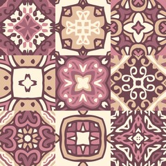 Set of colorful vintage ceramic tiles with ornamental moroccan motives. Seamless patchwork pattern.