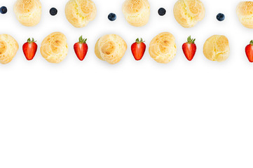 background pattern, seamless pattern, dessert background pattern,  Choux Cream with fresh blueberry and strawberry decorated on white background pattern.