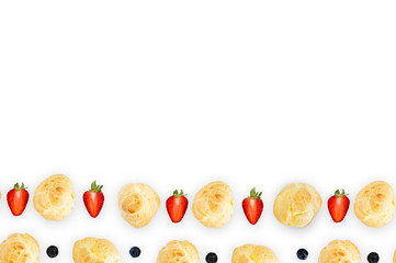 background pattern, seamless pattern, dessert background pattern,  Choux Cream with fresh blueberry and strawberry decorated on white background pattern.