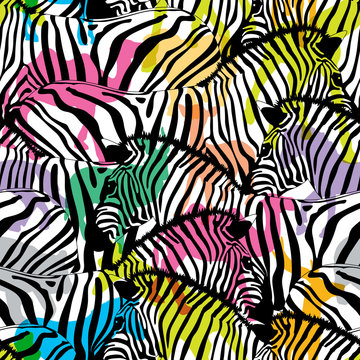 Zebra with colorful silhouette wildlife animals, seamless pattern. Wild animal design trendy fabric texture, illustration.