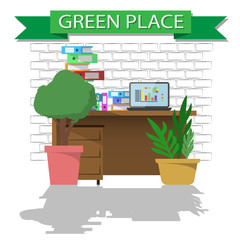 Flat design vector illustration of workspace interior with banner