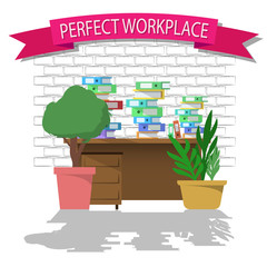 Flat design vector illustration of workspace interior with banner