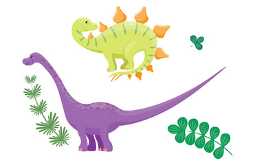 Cartoon dinosaurs diplodocus vector illustration isolated monster animal dino prehistoric character reptile predator jurassic fantasy dragon leaf