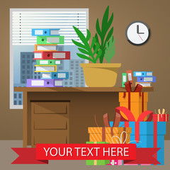 Vector illustration of modern office interior with present box