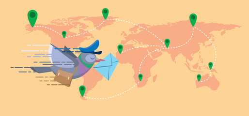 send email concept. worlwide mail delivery pigeon holding envelope with world map and location marker connecting each other