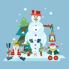 Winter holidays snowman cheerful character in cold season costume and snow xmas celebration greeting december joy ice icon vector illustration.
