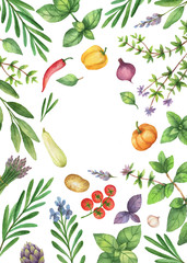 Watercolor vegetables and herbs isolated on white background.