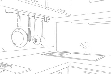 Sketch of kitchen corner with sink and wall pot rack.