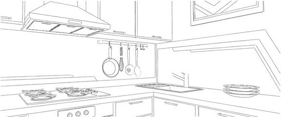 Sketch of kitchen corner with sink, wall pot rack, fume hood, cooktop and geometry painting on the wall.