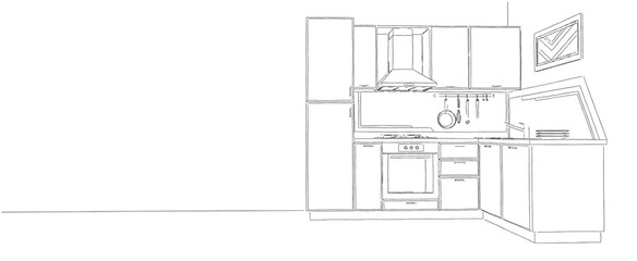 Modern corner kitchen contour sketch black pencil lines.
