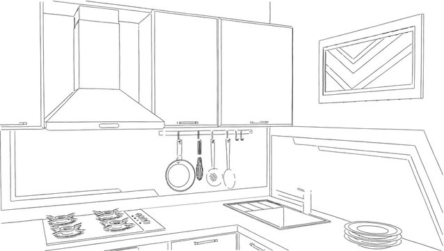 Modern corner kitchen interior sketch drawing.