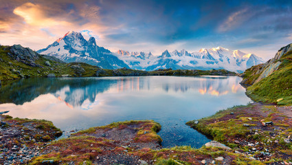 Colorful summer morning on the Lac Blanc lake with Mont Blanc (Monte Bianco) on background