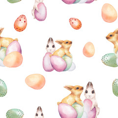 Happy Easter seamless pattern. Vintage wallpaper. Hand drawn watercolor texture with cute rabbits and colored eggs. Holiday repeating desing on white background.