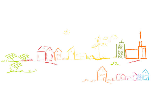 Stadt Landschaft Bunt Farbig Energie Windenergie Solar Zeichnung Skizze