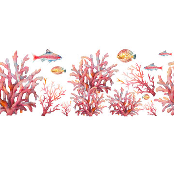 Watercolor nautical seamless pattern. Hand painted underwater repeating border with fishes and corals on white background. Sea ornament design