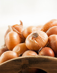 raw onion in basket and on a table